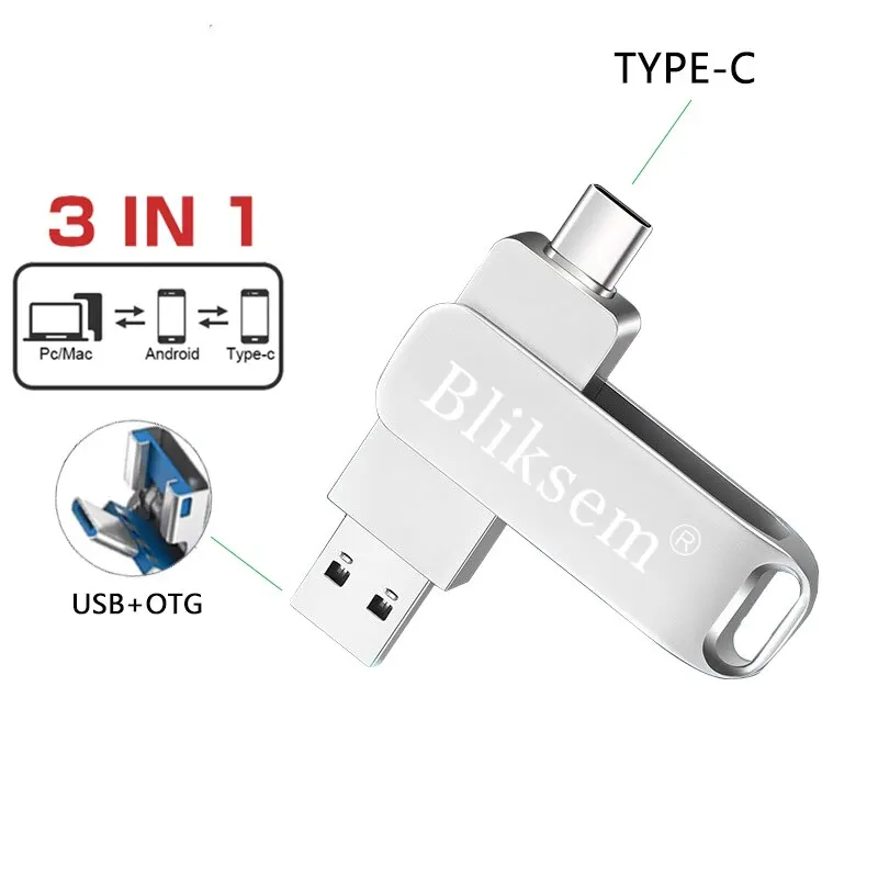 Bliksem-Alta Velocidade USB Flash Drive para Computador e Telefone Celular, Metal Mini Pen, OTG, USB 2.0, 3in 1, 32GB, 64GB