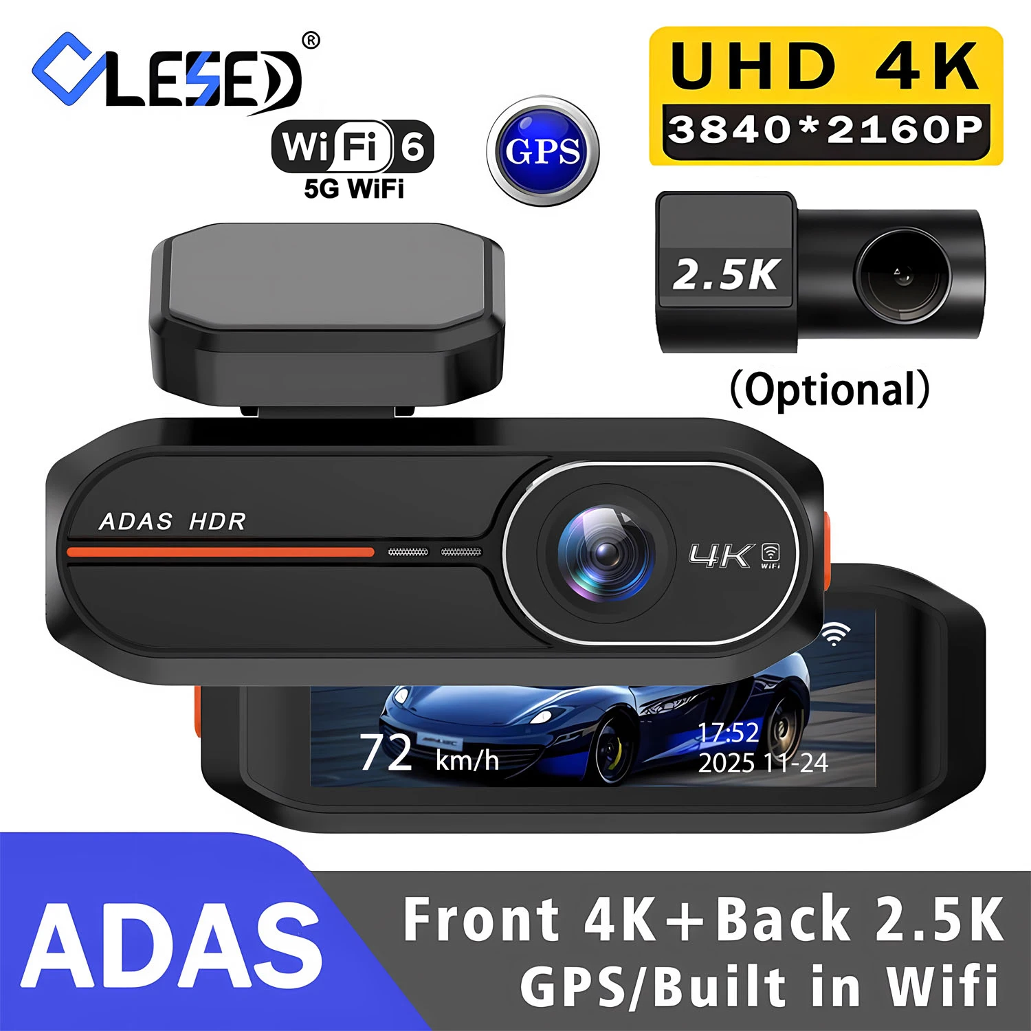 Câmera Veicular 4K 3840*2160P com WiFi, GPS, ADAS, Gravação Frontal 4K e Traseira 2.5K, DVR com Visão Noturna 24H, Câmera para Carro, Caixa Preta Câmera Veicular 4K 3840*2160P com WiFi, GPS, ADAS, Gravação Frontal 4K e Traseira 2.5K, DVR com Visão Noturna 24H, Câmera para Carro, Caixa Preta