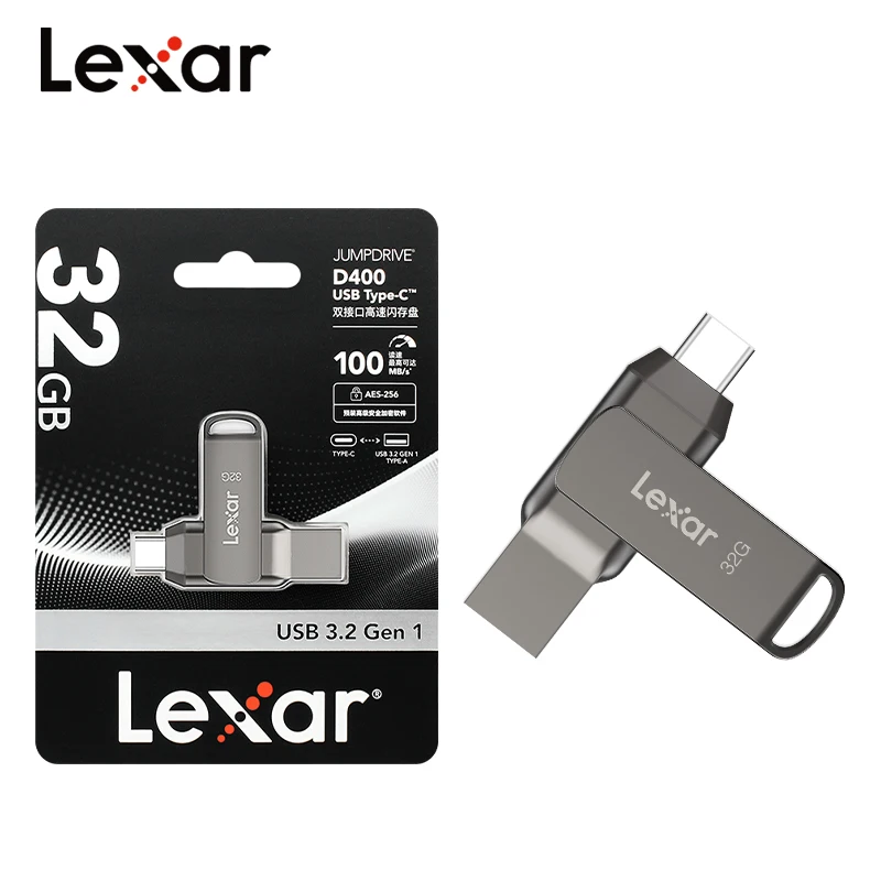 Pen Drive Lexar JumpDrive D400 Tipo-C USB3.2 Gen1, Memória Flash de 32GB, 64GB, 128GB, 256GB, Velocidade de Leitura de 100MB/s para PC e Telefone