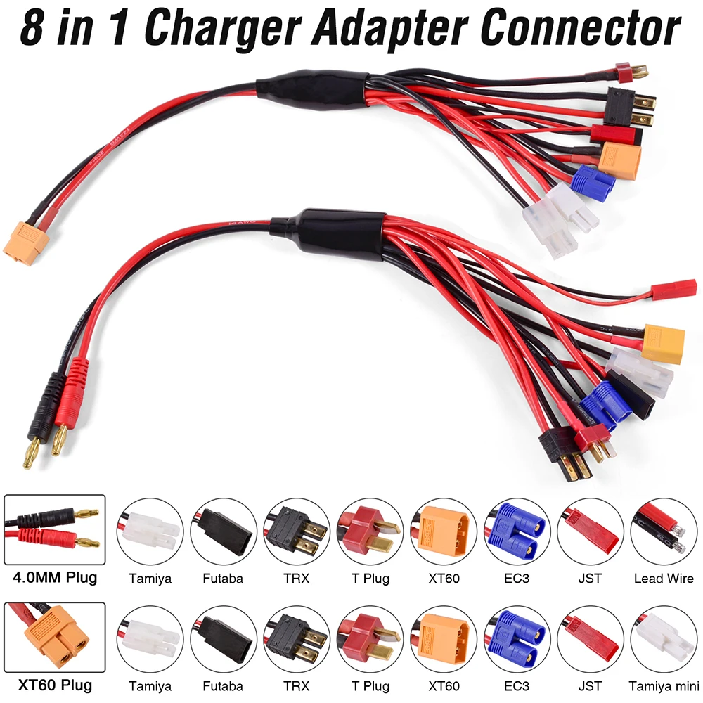 Conector adaptador de carregador rc 8 em 1, carregador 4.0mm banana xt60 trx tamiya lipo para carro rc drone imax b6 b6ac cabo de bateria