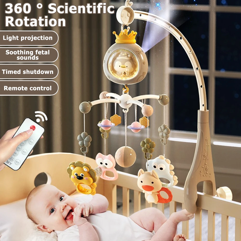 ​ Móvel para berço de bebê com projetor e luz noturna, brinquedo giratório musical com controle remoto com canções de ninar calmantes para recém-nascidos