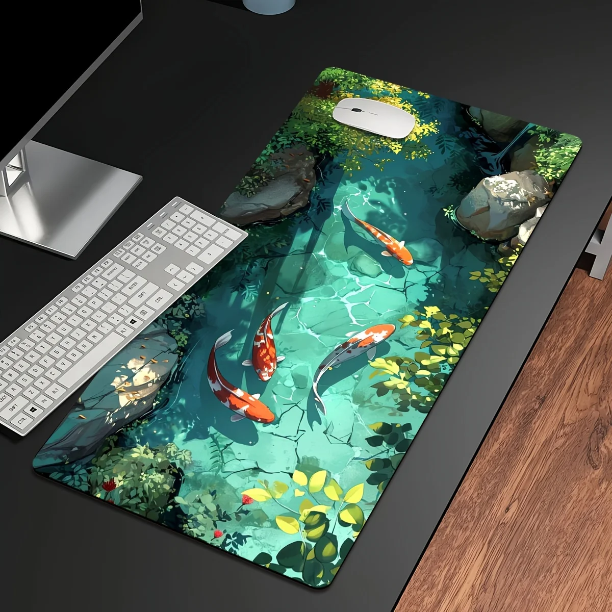 Mouse Pad Grande para Jogos com Estampa de Peixe Koi, Tapete de Mesa Antiderrapante de Borracha com Borda Costurada, Presente para Gamers e Acessórios de Escritório