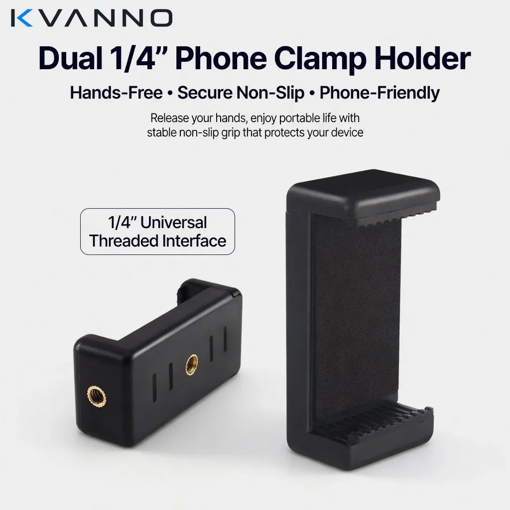Suporte Universal para Tripé de Celular KVANNO com Adaptador de Clipe e Rosca de 1/4'' para Gravação de Vídeos, Vlogs e Fotografia