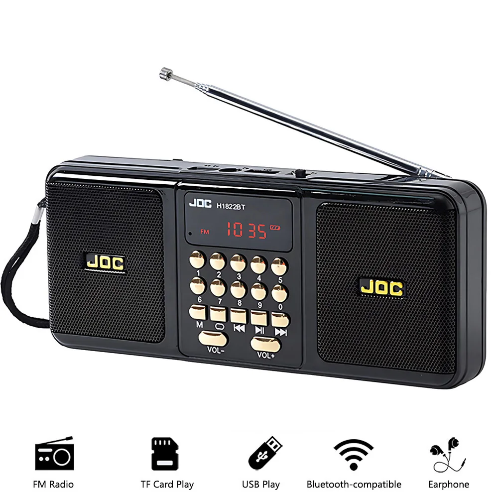 Rádio FM Estéreo Portátil com Alto-falantes Sem Fio, Suporte para Cartão TF, USB, Reprodutor de Música MP3, Caixa de Som Bluetooth Recarregável com Receptor FM