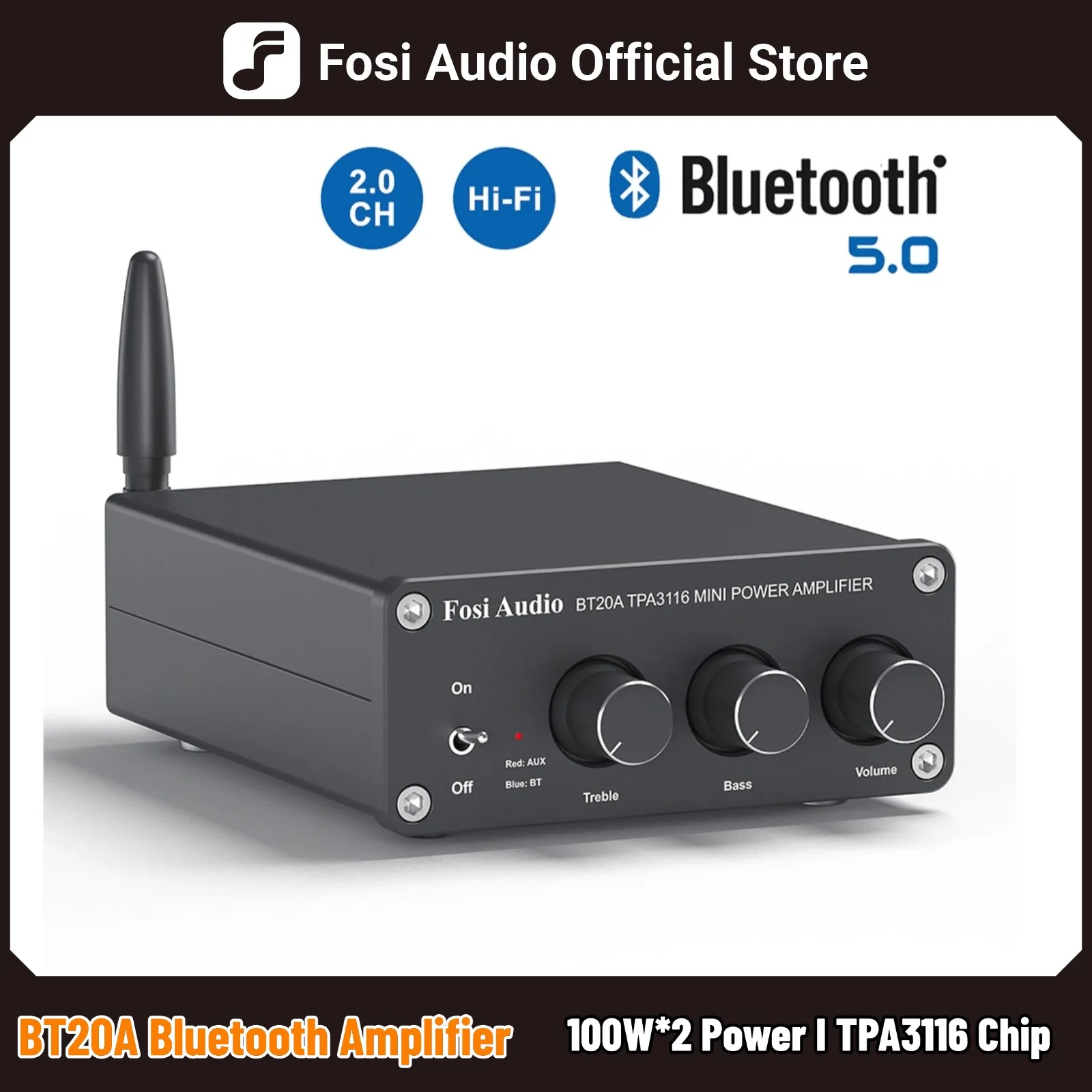 Fosi áudio bt20a bluetooth tpa3116d2 amplificador de potência de som 100w mini alta fidelidade estéreo classe d amp baixo agudo para home theater