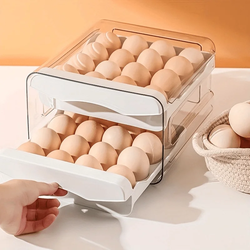 1pc cozinha caixa de armazenamento de ovos geladeira plástico fresco 2 camadas tipo gaveta grande capacidade armazenamento casa cozinha organizador rack