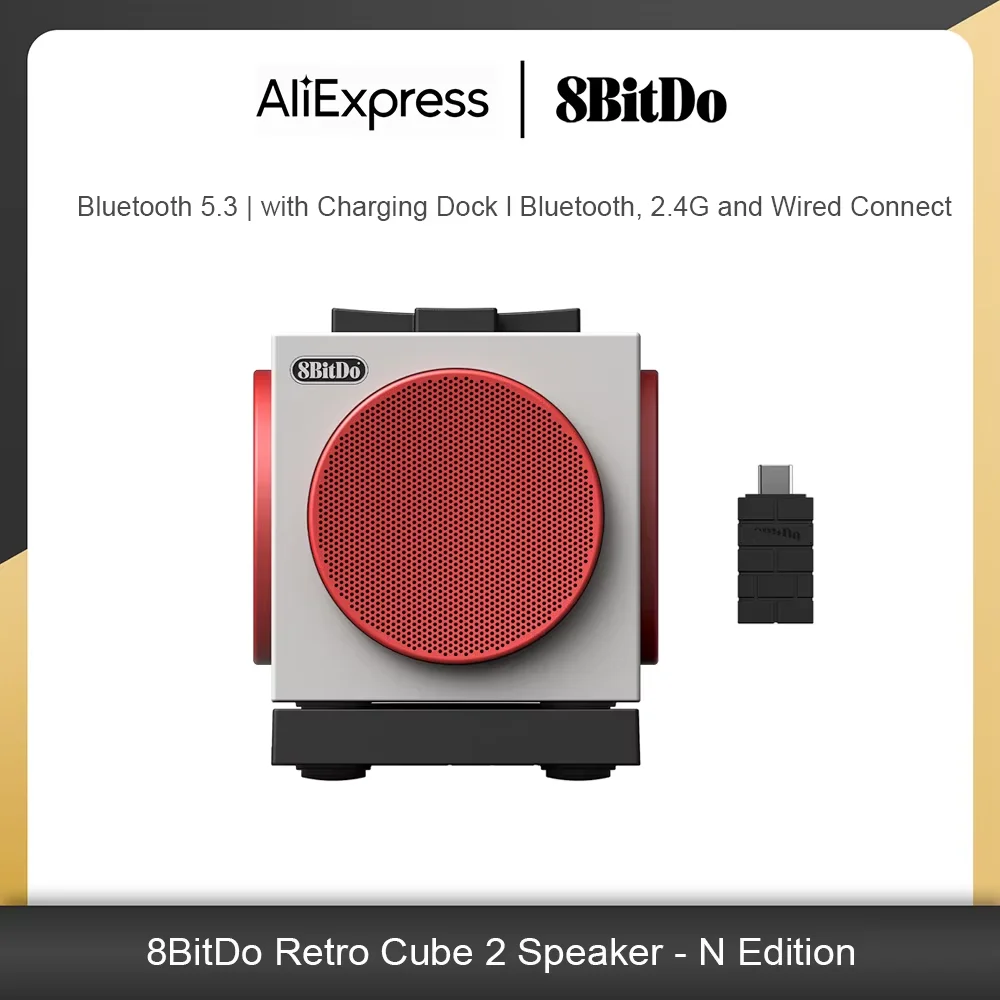 Caixa de Som Bluetooth Sem Fio 8BitDo Retro Cube 2 com Base de Carregamento, Som Estéreo Real para Teclado e Mouse 8BitDo N Edition