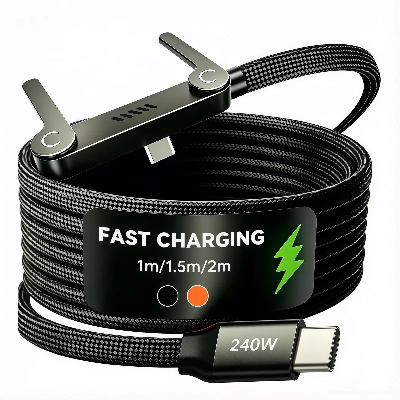 Cabo Tipo-C de Carregamento Rápido 240W com Suporte Invisível para Telefone, Cabo USB C para C Trançado em Nylon para iPhone, Samsung, Xiaomi