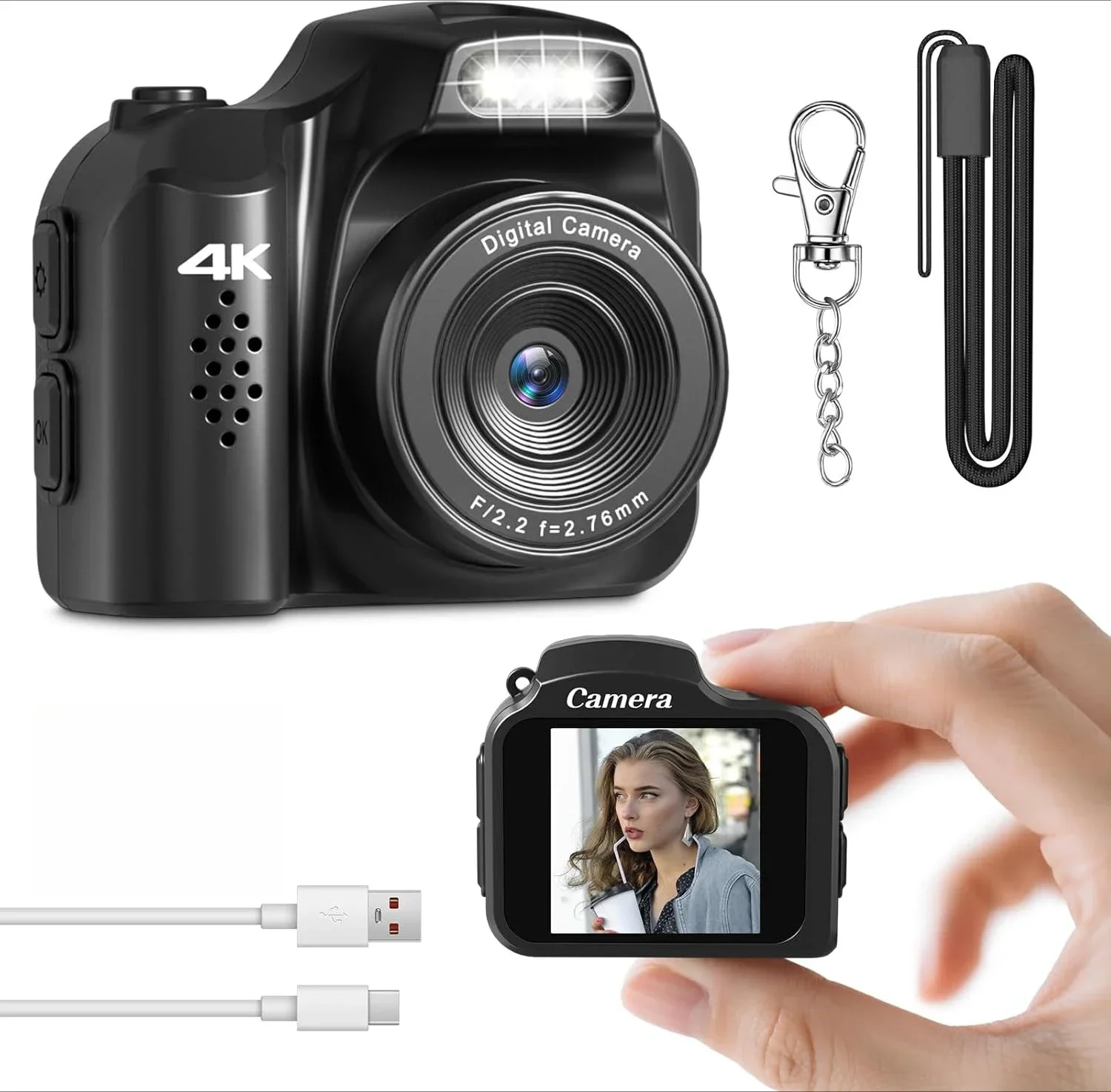 Câmera Mini Keychain 4K HD Retro, Câmera Digital de 64MP com Tela HD de 1,54 Polegadas, Gravador de Vídeo Portátil com Flash Câmera Mini Keychain 4K HD Retro, Câmera Digital de 64MP com Tela HD de 1,54 Polegadas, Gravador de Vídeo Portátil com Flash