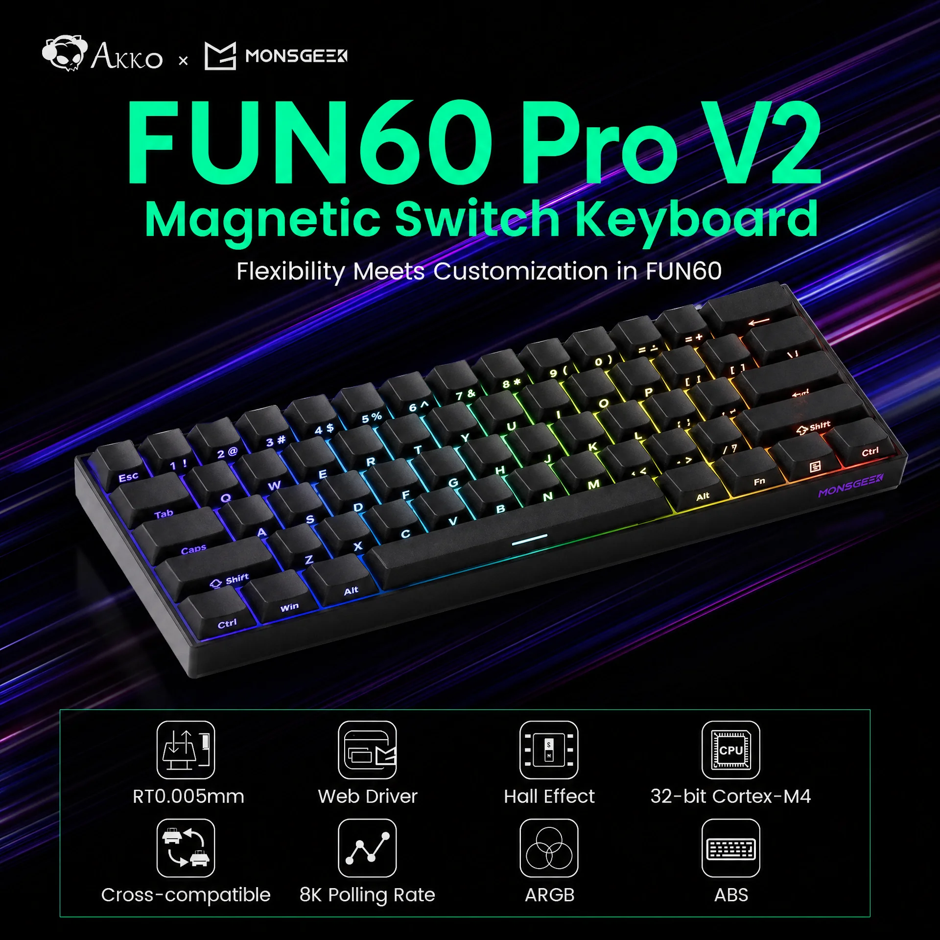 Teclado Mecânico Akko MonsGeek FUN60 PRO V2 HE com Switches Magnéticos, Teclado Gamer 60% com Rapid Trigger 0.005mm 8K, Teclado Mecânico com Fio Teclado Mecânico Akko MonsGeek FUN60 PRO V2 HE com Switches Magnéticos, Teclado Gamer 60% com Rapid Trigger 0.005mm 8K, Teclado Mecânico com Fio
