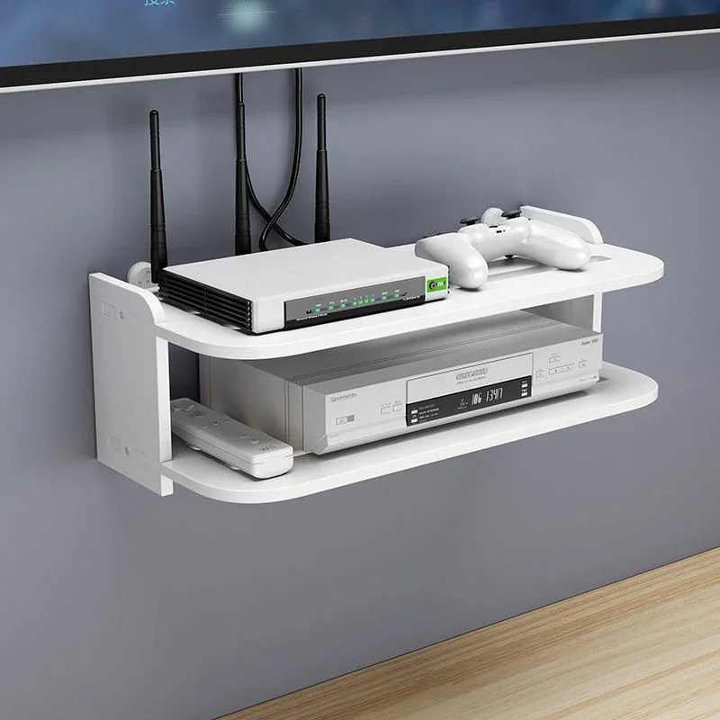 Prateleiras Flutuantes de 2 Níveis Ecológicas para Roteador WiFi, Suporte de Parede para Caixa de TV e Tomadas Múltiplas