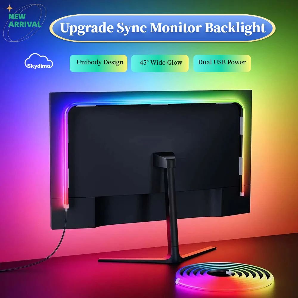 Fita de LED Inteligente para Monitor de PC 24-34”, Sincroniza Cores da Tela e Música, Decoração de Quarto Gamer RGB, Fita de Luz RGBIC para Gamers