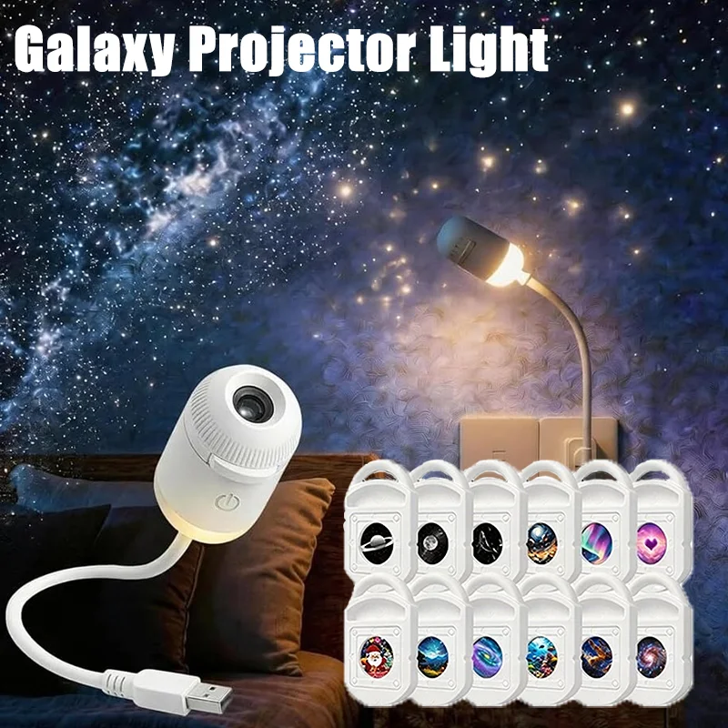  Projetor de Luz Noturna USB Céu Estrelado 2 em 1, Lâmpada Projetora de Galáxia com Slides HD, Portátil para Decoração de Quarto e Teto de Carro
