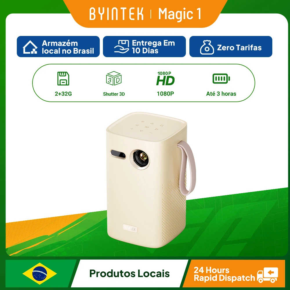 Projetor Mini BYINTEK Magic 1 1080P Android 9.0 2G+32G WiFi Bluetooth Bateria de 15000mAh Projetor Portátil para Home Theater de 300 Polegadas