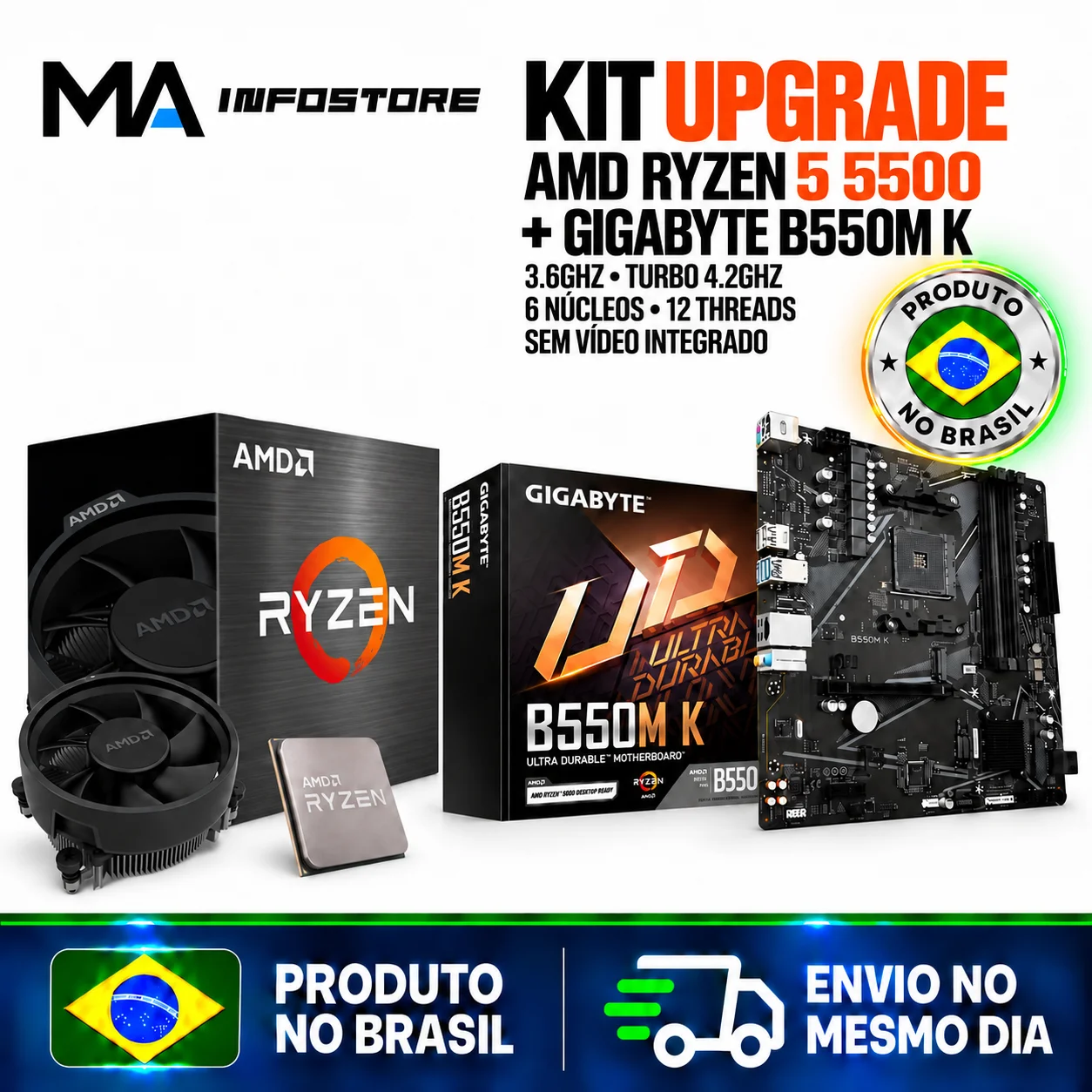 Kit Upgrade Processador AMD Ryzen 5 5500 Com Cooler + Placa Mãe Gigabyte B550M K AM4 mATX DDR4
