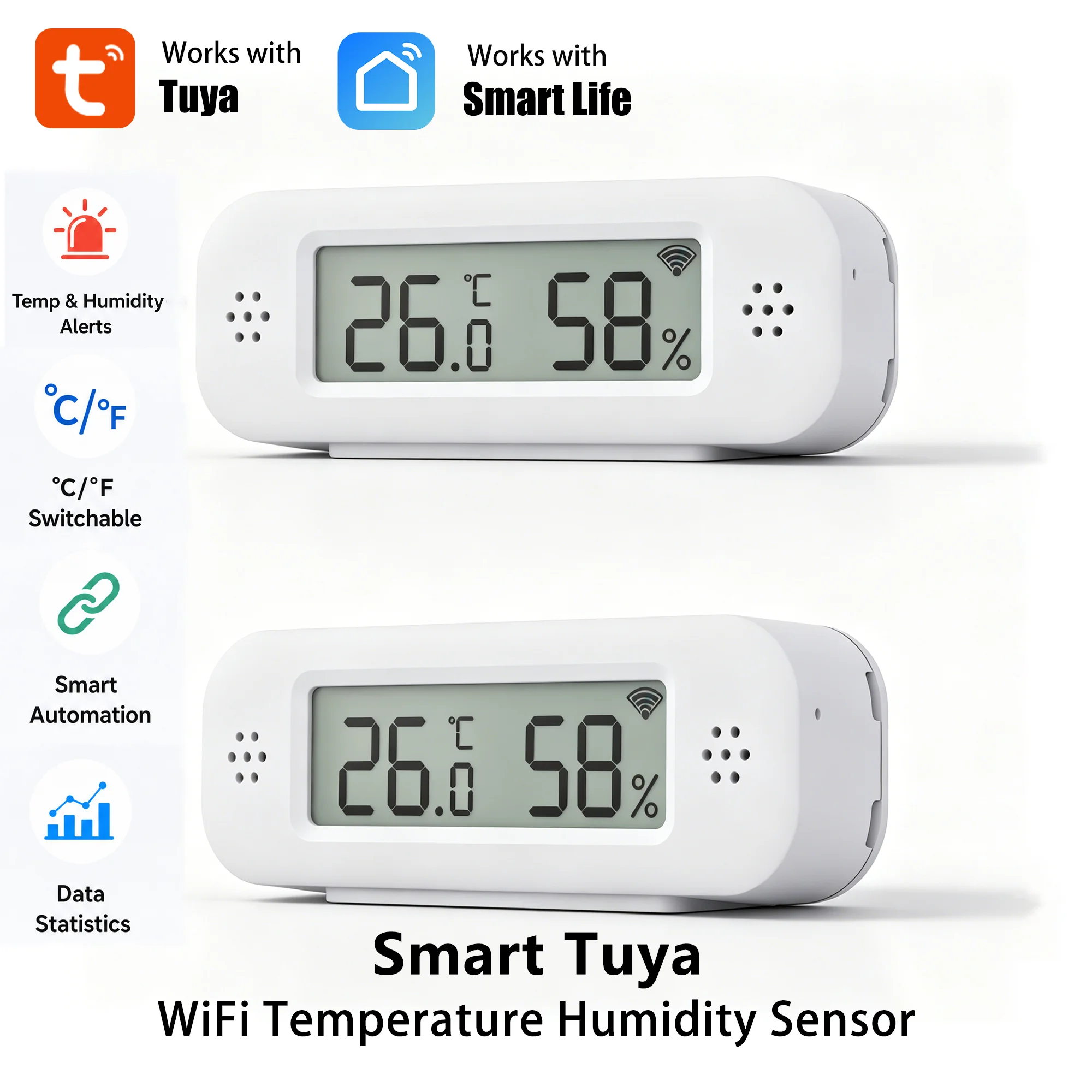 Sensor de Temperatura e Umidade WiFi Tuya para Casa Inteligente, Termômetro e Higrômetro com Alarme Remoto via APP, Compatível com Google Home, Yandex e Alexa
