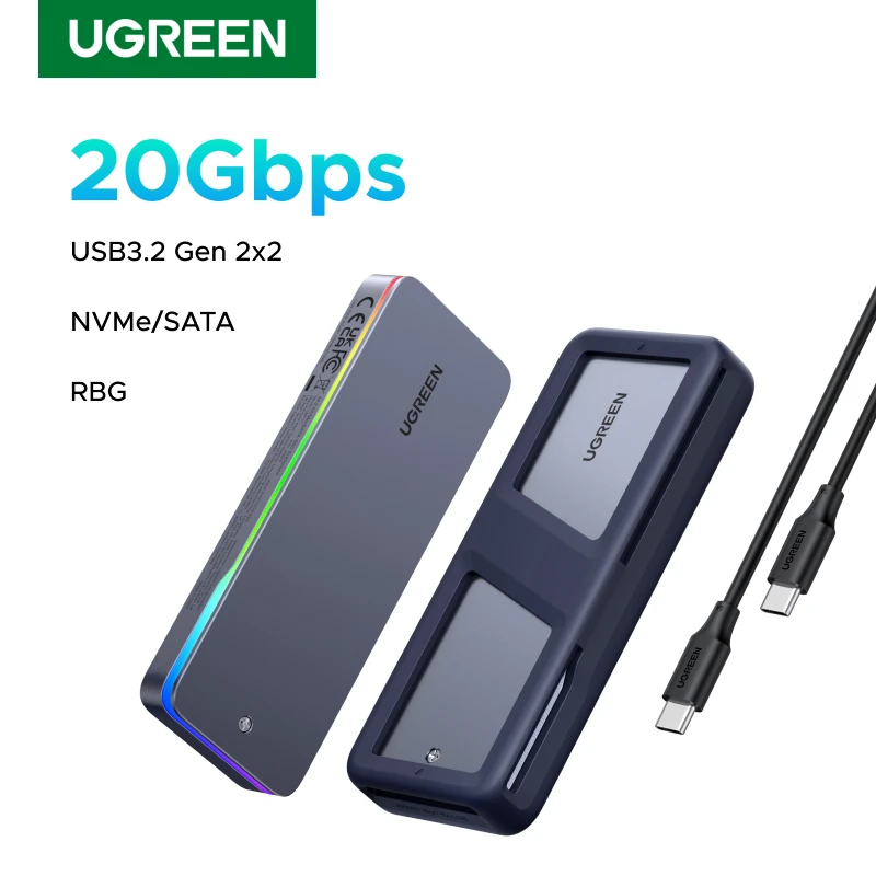 UGREEN 20Gbps M.2 SSD Caso NVMe SATA SSD Adaptador de gabinete USB 3.2 Gen2 Gabinete externo suporta efeito de iluminação RGB