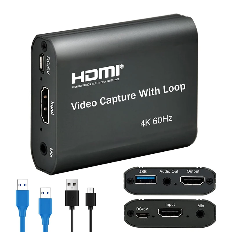Placa de captura de vídeo 4K HDMI USB Gravador de vídeo com loop 1080P 60Hz Dispositivo HDMI Captura de jogo com saída de áudio para transmissão ao vivo