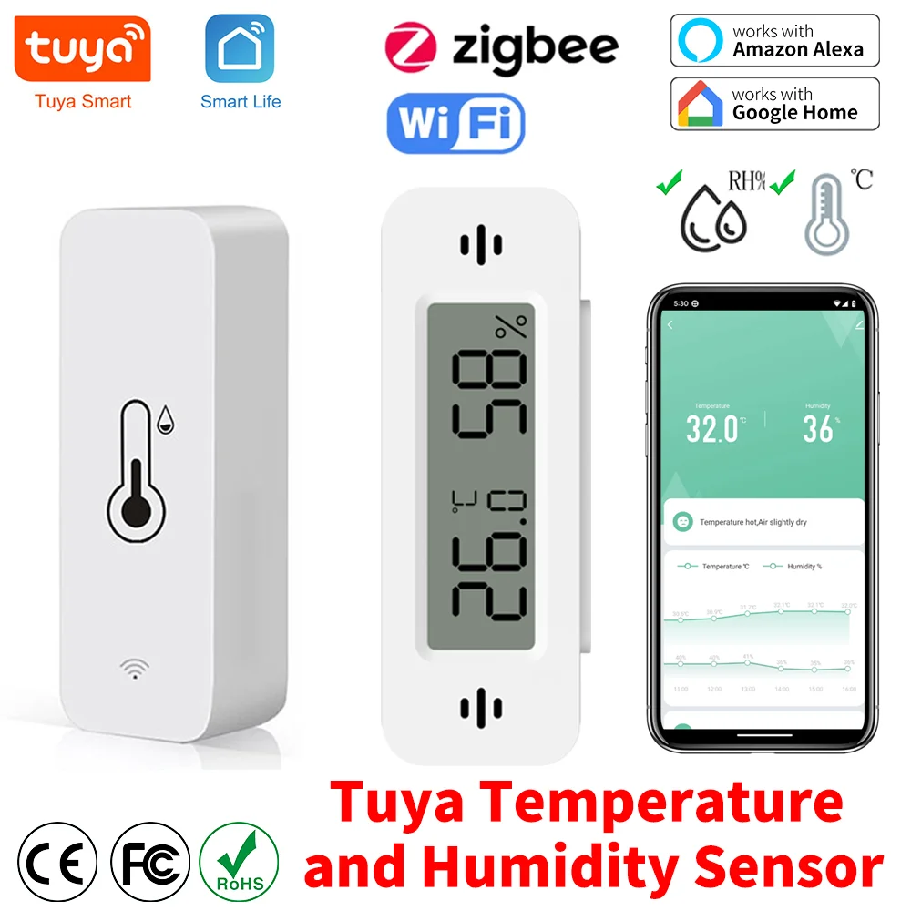 Sensor de Temperatura e Umidade Tuya Zigbee WiFi com Monitoramento Remoto via APP para Casa Inteligente, Compatível com SmartLife, Alexa e Google Assistant