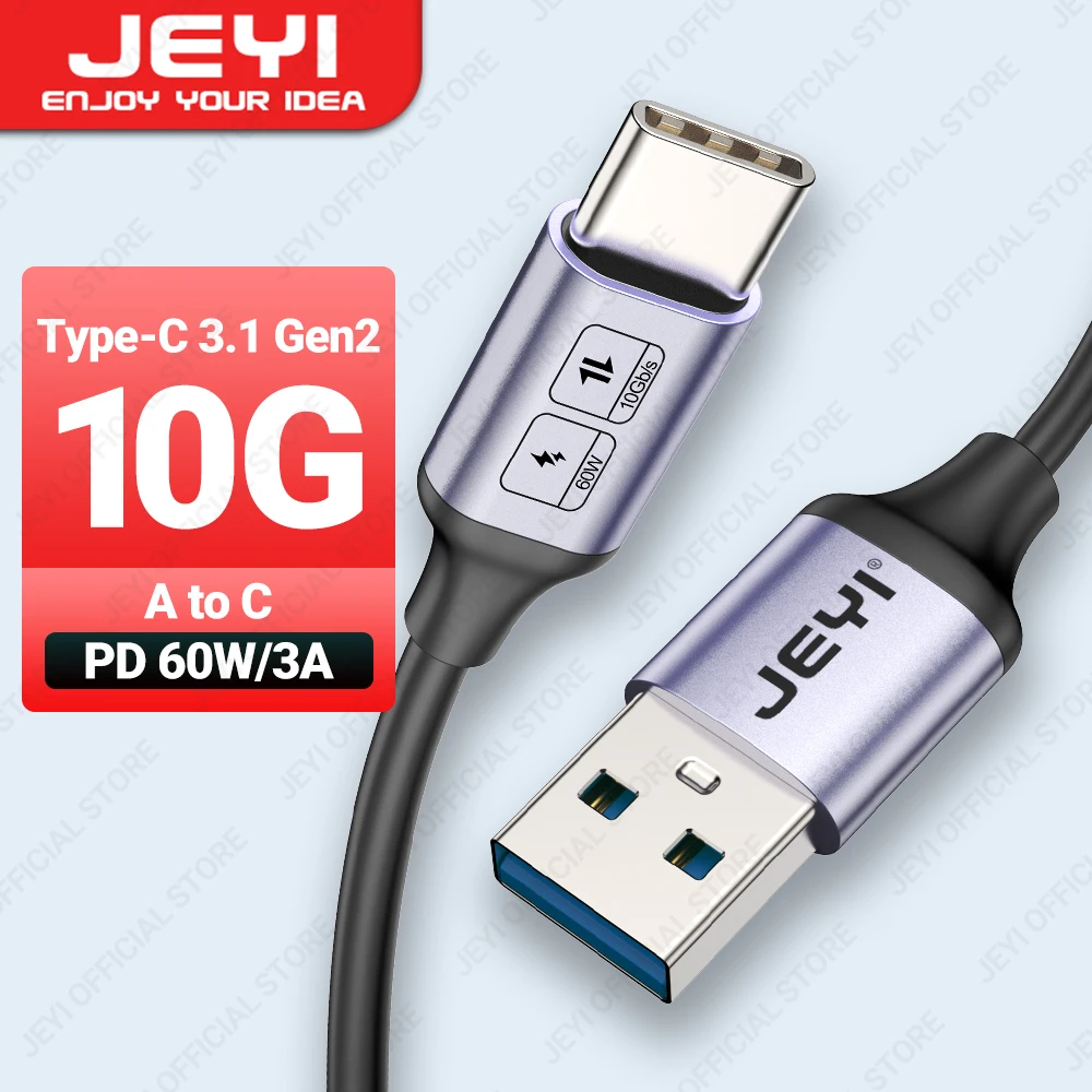 JEYI-USB A para Tipo C Cabo de Carregamento Rápido, Cabo de Dados, Carregador para Samsung, Xiaomi, HTC, Redmi, Huawei, Celular, 60W, 10Gbps