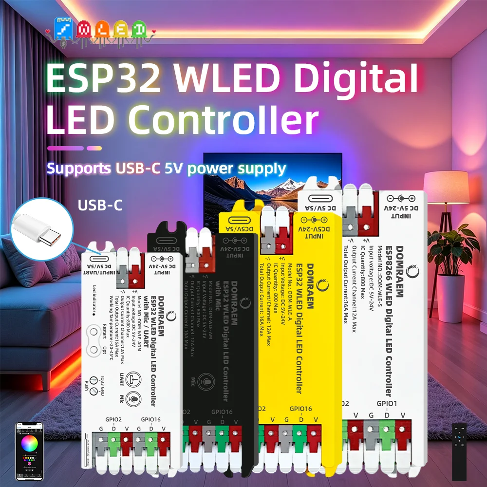 Controlador de Fita LED DOMRAEM WLED USB-C ESP8266 ESP32 com Sincronização de Microfone, Fusível de 16A, Inversor de Nível para Luzes Pixel Digitais RGBIC WS2812 SK6812