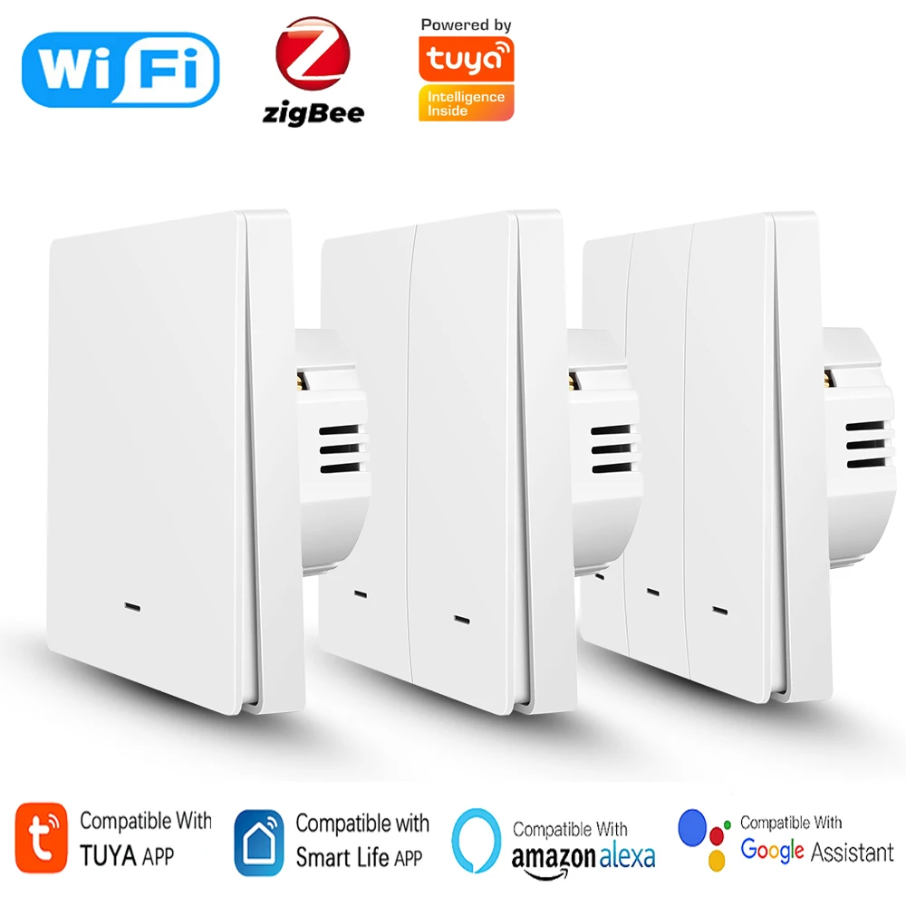 Interruptor de Luz de Parede Inteligente Tuya com Controle por Botão, Sem/Com Fio Neutro, Suporte a Temporização via APP, Compatível com Alexa, Google Home, Yandex Alice