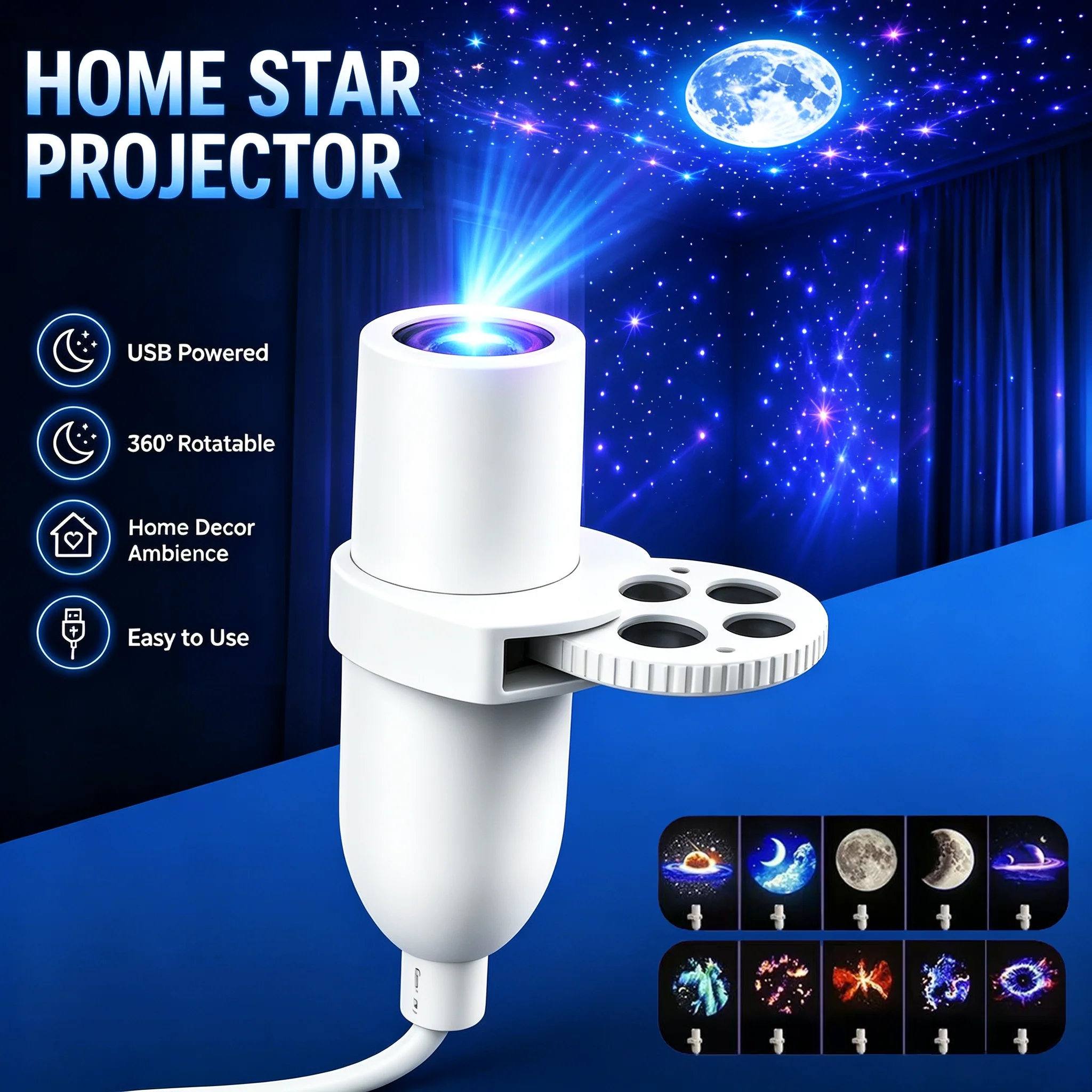 Mini Projetor de Luz USB Galáxia Estelar 360 ° Luz noturna ajustável, luzes de atmosfera para quarto, uso romântico em festas de aniversário
