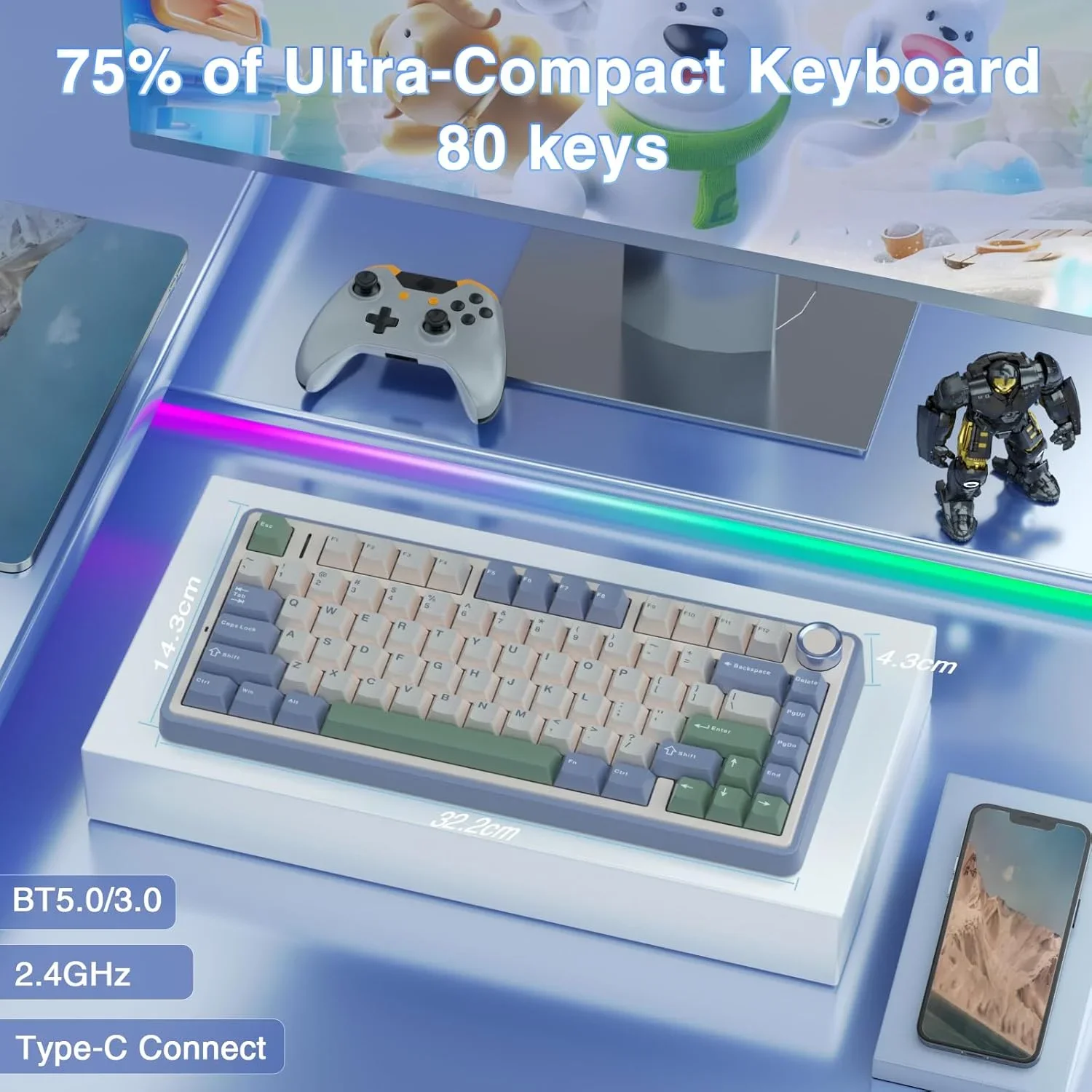 Teclado Mecânico Sem Fio AULA F75 75% Hot Swappable com Teclas Pré-lubrificadas e Switches Reaper, Teclados Gamer com Retroiluminação RGB