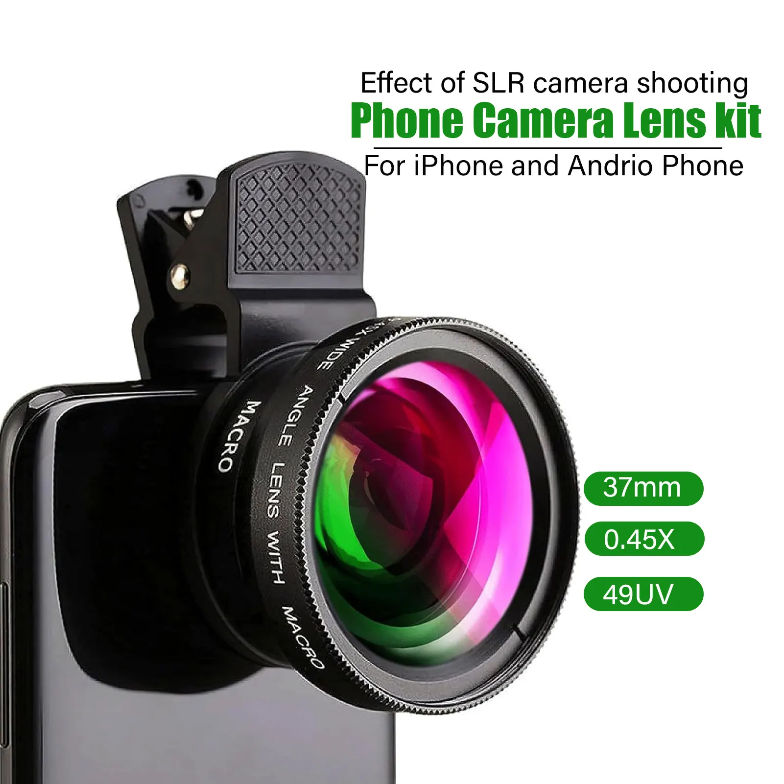 2025 Nova atualização 2 em 1 Lente super grande angular de 0,45x e lente macro HD de 12,5x para iPhone 16 15 14 Samsung Xiaomi Kit de lentes de câmara para telemóvel Google Android Acessórios