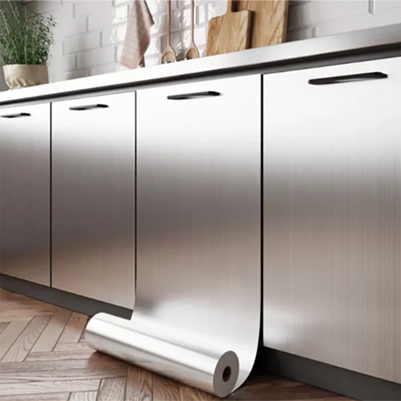 Adesivo de Parede Metálico Prata Escovada de 40cm em Aço Inoxidável para Cozinha, Sala de Estar, Geladeira e Bancada