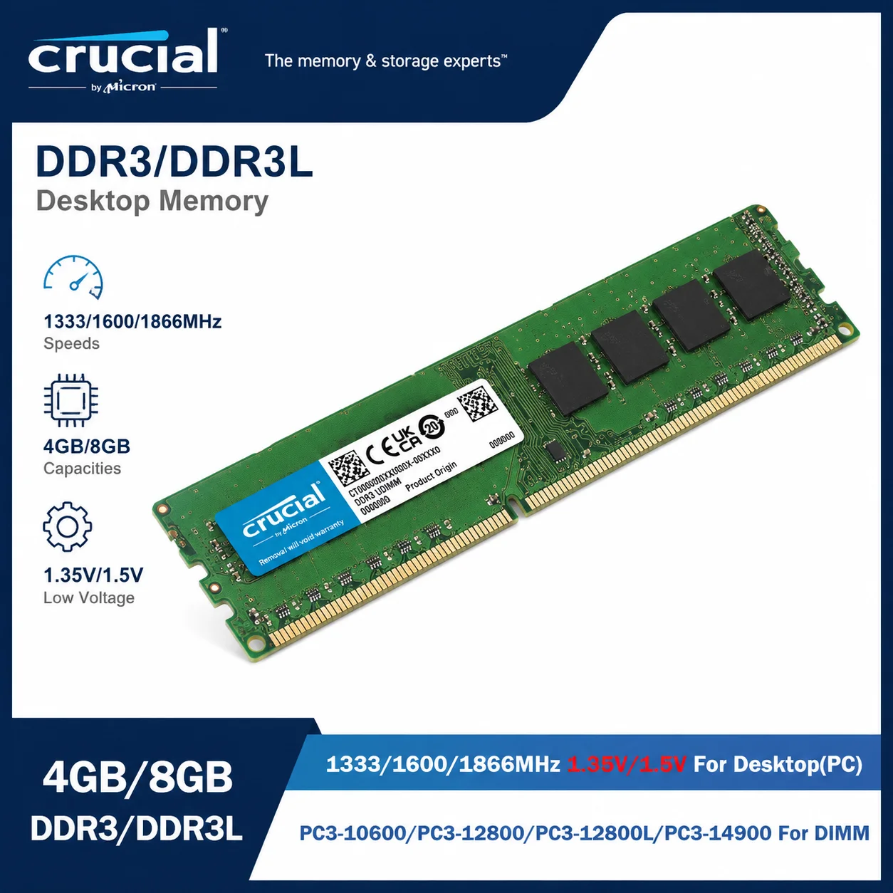 Memória RAM Crucial DDR3 DDR3L 4GB 8GB 1333MHz 1600MHz 1866MHz 240Pin DIMM UDIMM para Desktop PC3 PC3L 1.35V 1.5V para Computador