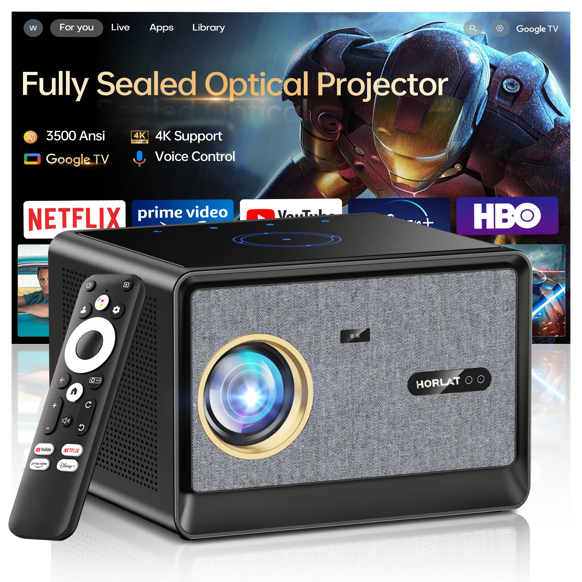 Projetor HORLAT 50000 Lumens Google TV, Projetor Óptico Totalmente Selado, Projetor de Cinema em Casa 4K, WiFi 6, Assistente de Voz