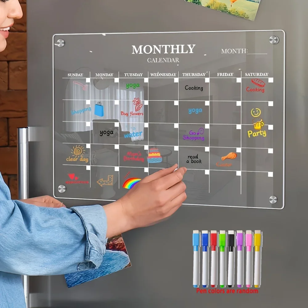 Calendário magnético de acrílico apagável a seco-planejador transparente para geladeira, organizador de cozinha ideal para casa e escritório com caneta marcadora incluída