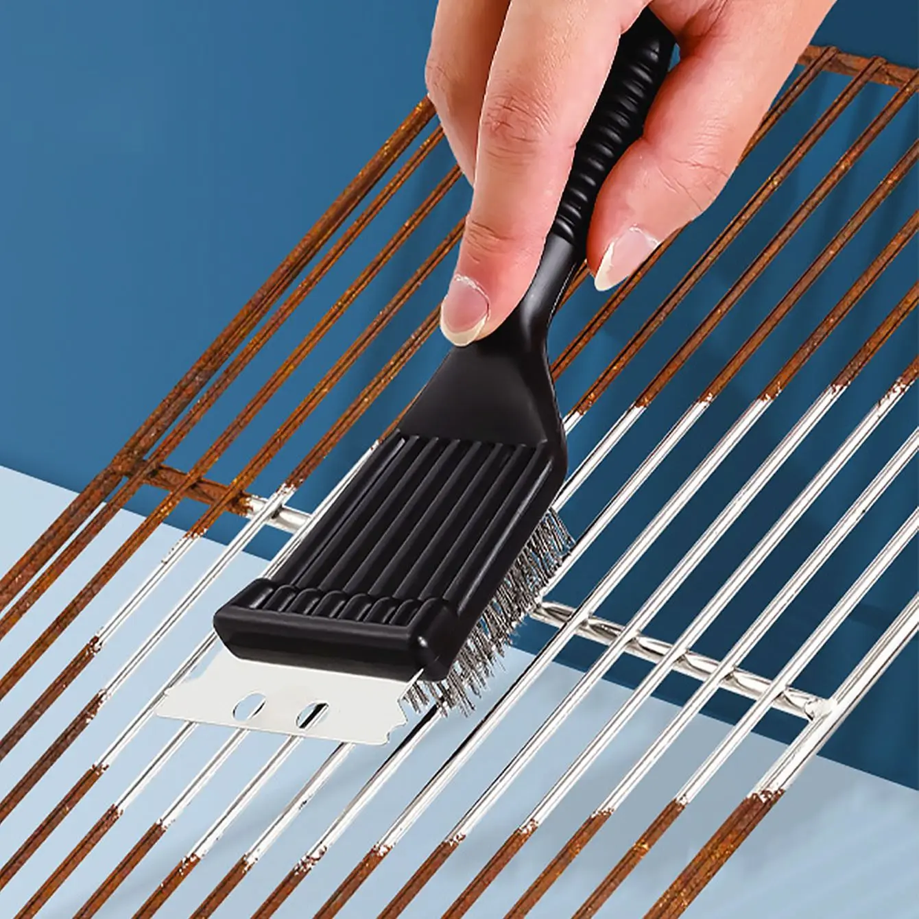 1 peça-escova de cozimento de fio de aço inoxidável, escova de limpeza de fogão de churrasco, escova de limpeza de rack de grelha, lâmina, dois em um