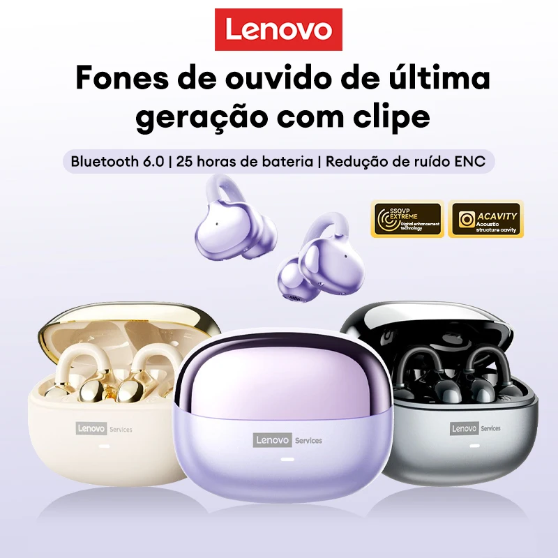 Fone de Ouvido Bluetooth 6.0 Lenovo LE302 Sem Fio com Longa Duração de Bateria, Fones de Ouvido Esportivos com Clip para a Orelha, HIFI Estéreo com Cancelamento de Ruído