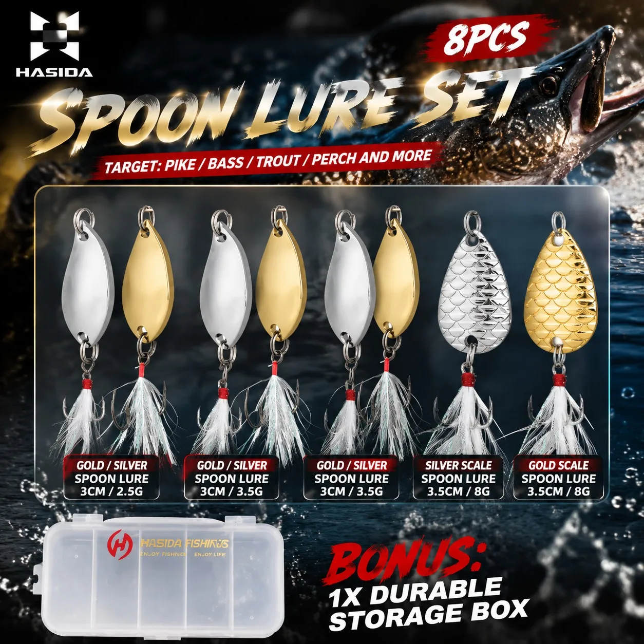 Conjunto de Iscas de Pesca HASIDA com 8 Iscas de Metal para Arremesso, Anzóis Triplos para Truta, Robalo, Lúcio, Perca, Iscas de Pesca em Água Doce
