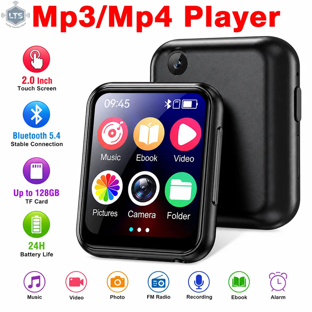Reprodutor de Música MP3 com Bluetooth 5.4 HiFi MP4 Walkman Tela Sensível ao Toque Completa Alto-falante Integrado Gravador Câmera Reprodutor de Vídeo FM/E-book