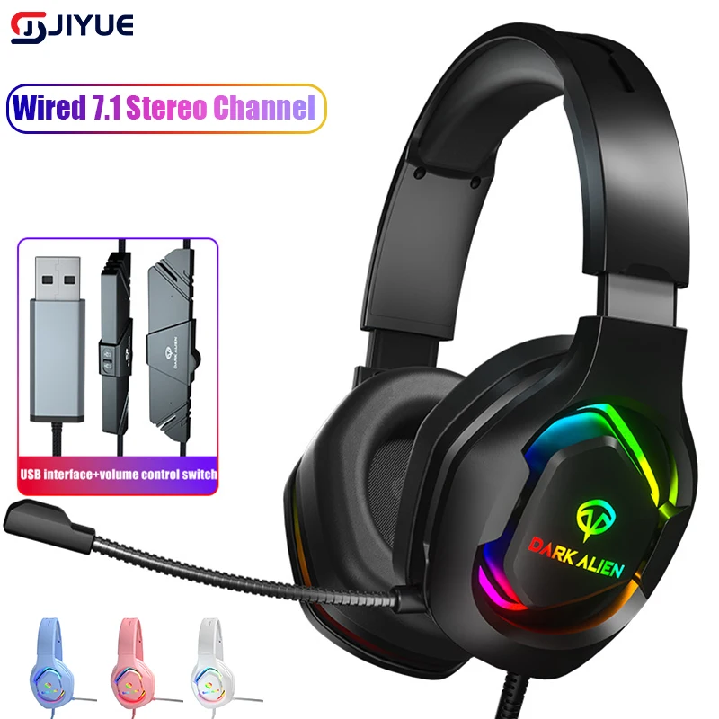 RGB Wired Gaming Headset com microfone, estéreo, canal, baixo, fone de ouvido, cancelamento de ruído, computador, PC, Gamer, 7.1