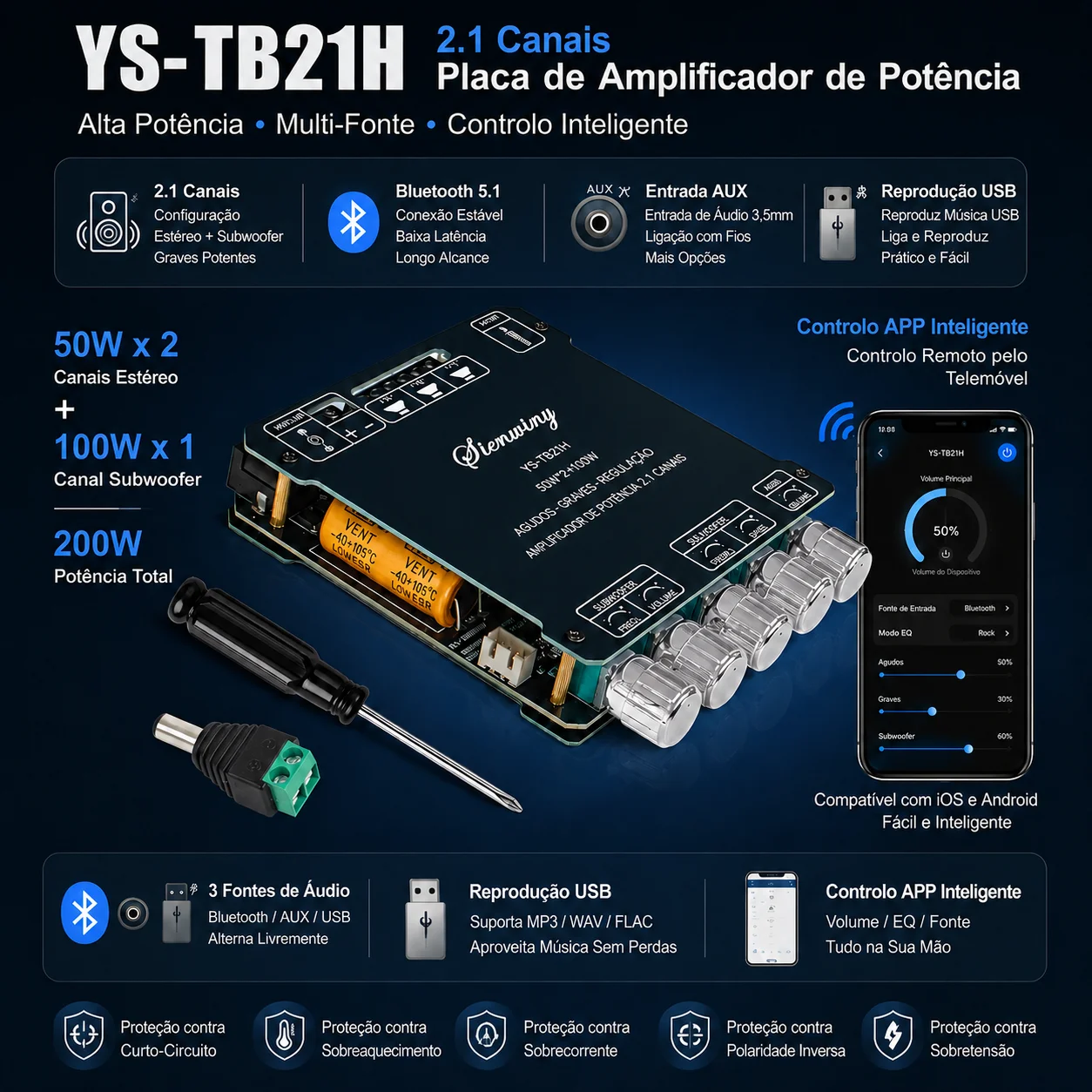 Placa Amplificadora Bluetooth 2.1 Canais 200W Classe D 50W*2+100W Subwoofer Graves Agudos USB APP MIC KTV DC12-24V HiFi DIY para Caixas de Som Placa Amplificadora Bluetooth 2.1 Canais 200W Classe D 50W*2+100W Subwoofer Graves Agudos USB APP MIC KTV DC12-24V HiFi DIY para Caixas de Som