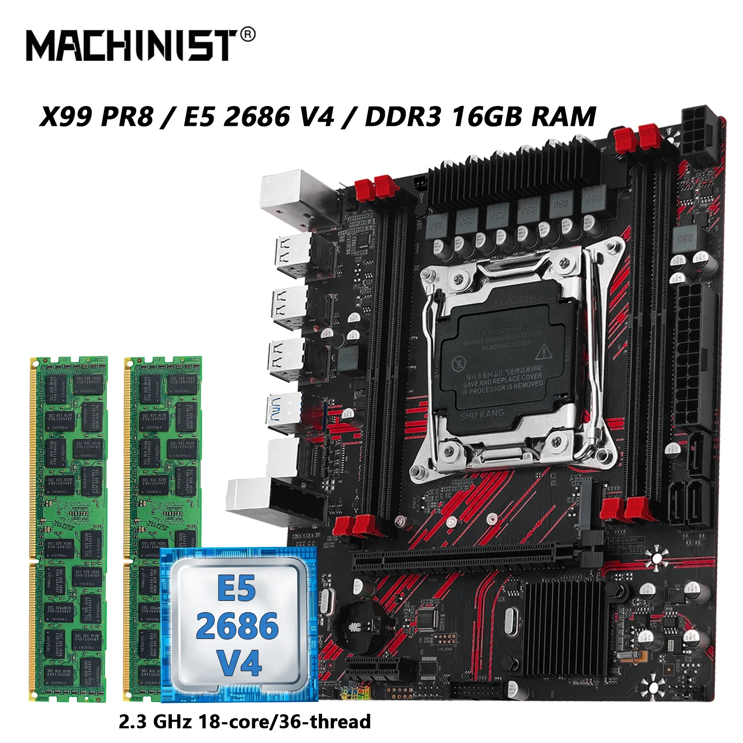 Combo de Placa-Mãe MACHINIST X99 PR8. Opcional com CPU Xeon E5 2686 V4 LGA 2011-3, Memória RAM DDR3 de 16GB com USB3.0 NVME M.2