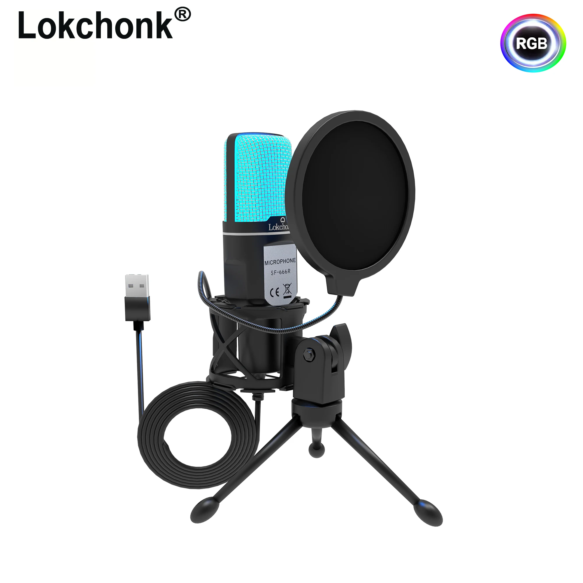 Microfone Condensador USB Profissional Lokchonk com Tripé e Filtro Pop para Podcast, Streaming e Jogos SF666R