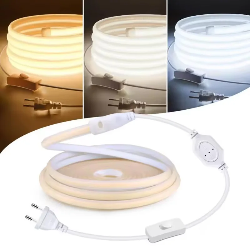 Fita de LED Cob 110V 220V Super Brilhante à Prova d'Água com Fonte de Alimentação EU/US e Interruptor, 288 LEDs/m, Luz Quente/Neutra/Branca para Decoração Externa