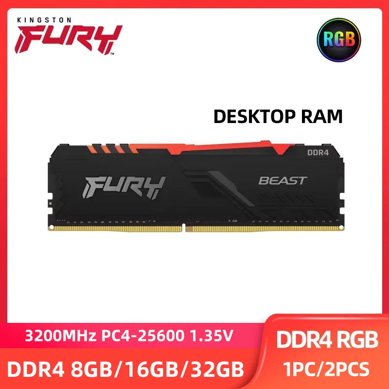 Memória RAM Kingston FURY RGB DDR4 8GB 16GB 32GB 3200 3600MHz DIMM XMP 288 Pinos 1.2V para Desktop