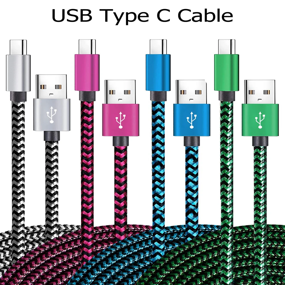 Cabo de carregamento USB tipo C, 2.4A carregamento rápido, Fio trançado de nylon, Cabo carregador para Samsung, Huawei, Android Mobile Phone, 1m, 2m, 3m