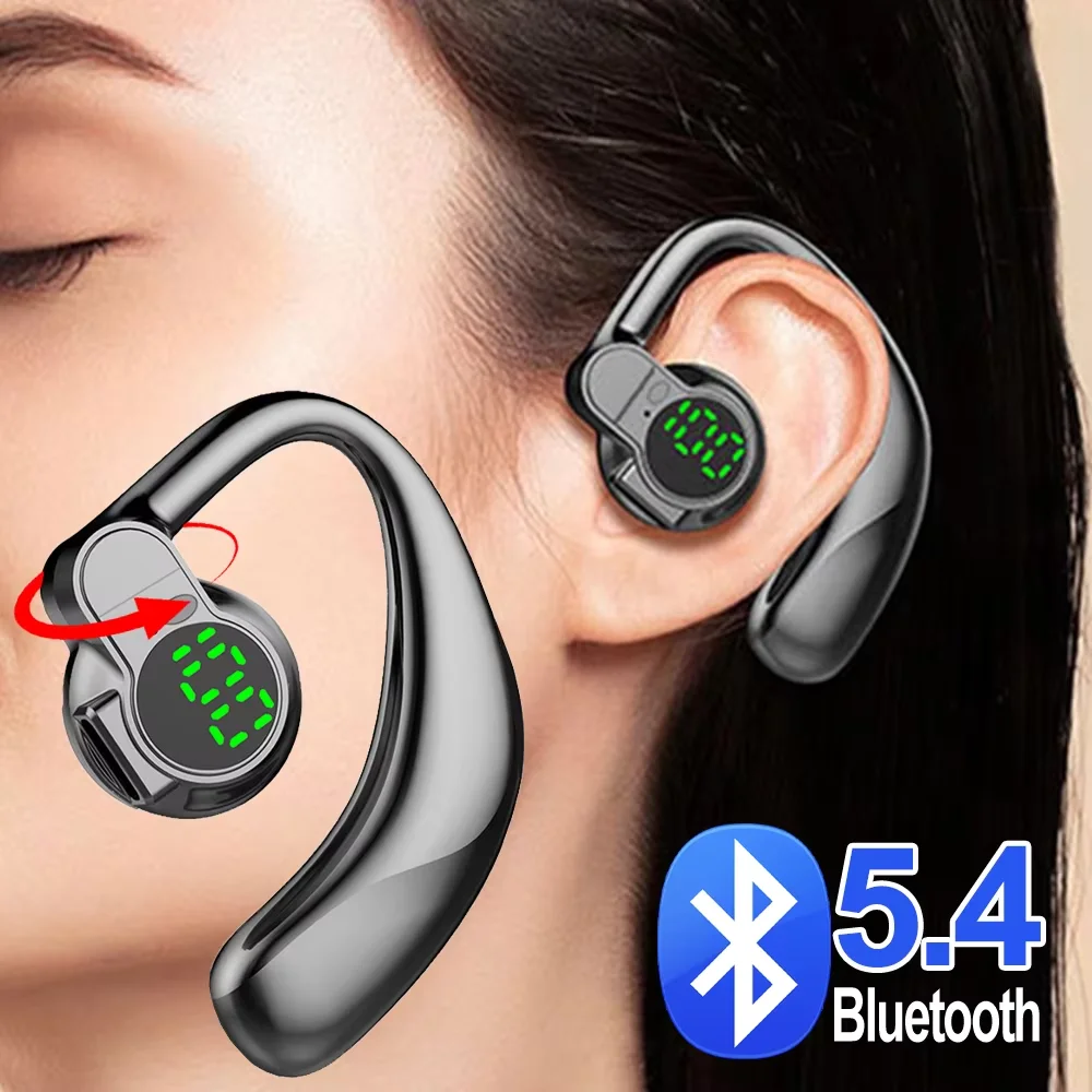 360 ° Fones de Ouvido Bluetooth 5.4 Rotativos com Gancho para Uma Orelha Cancelamento de Ruído Fones de Ouvido Esportivos Sem Fio com Microfone