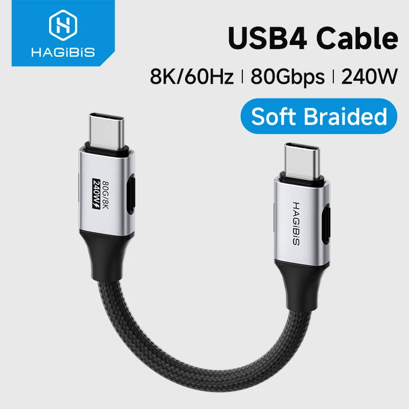 Cabo USB 4 Hagibis USB-C para USB-C Ultra Macio 240W 80Gbps de Alta Velocidade Compatível com Thunderbolt 4/5 iPhone 17 Power Bank