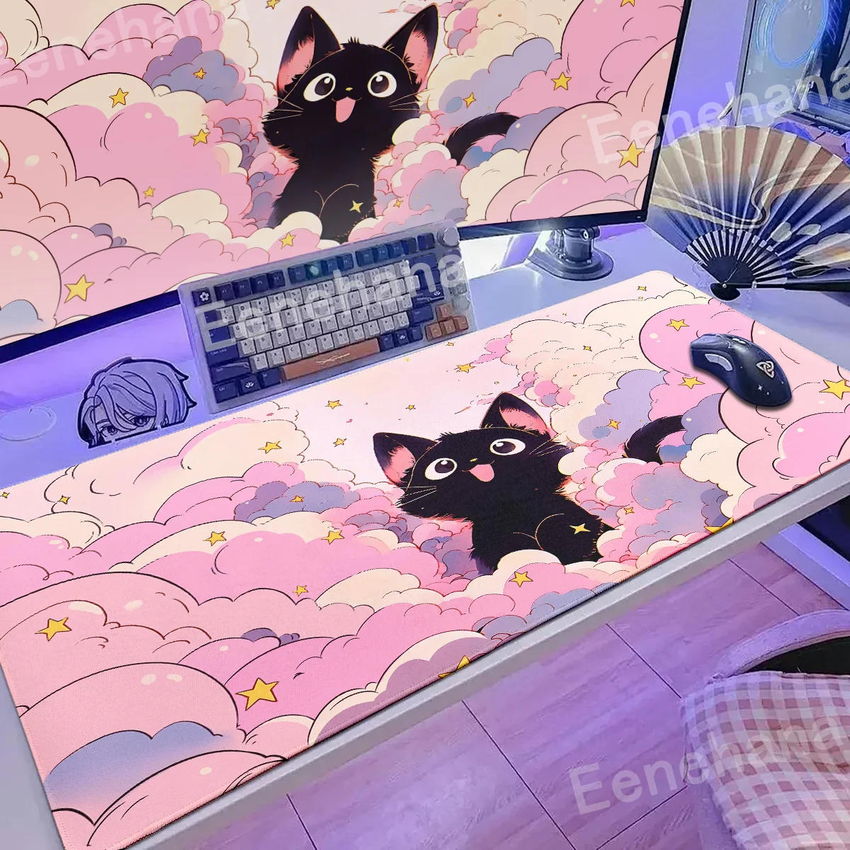 Gato Preto nas Nuvens Teclado Mouse Pad, Kawaii Art Style Patterns, Tapete de Mesa Rosa, Tapete PC Gamer, Tapete De Escritório, Casa, Mesa
