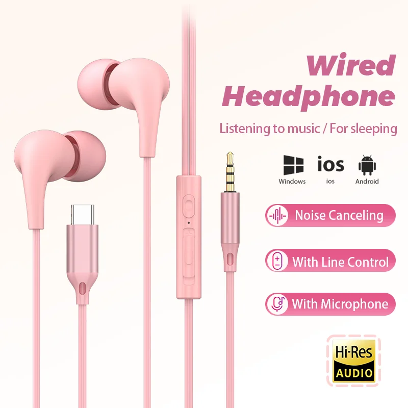 Fone de Ouvido USB Tipo C com Fio, Estéreo 3.5mm, Intra-auricular com Controle e Microfone, Fones de Ouvido para Dormir para Samsung iPhone Xiaomi