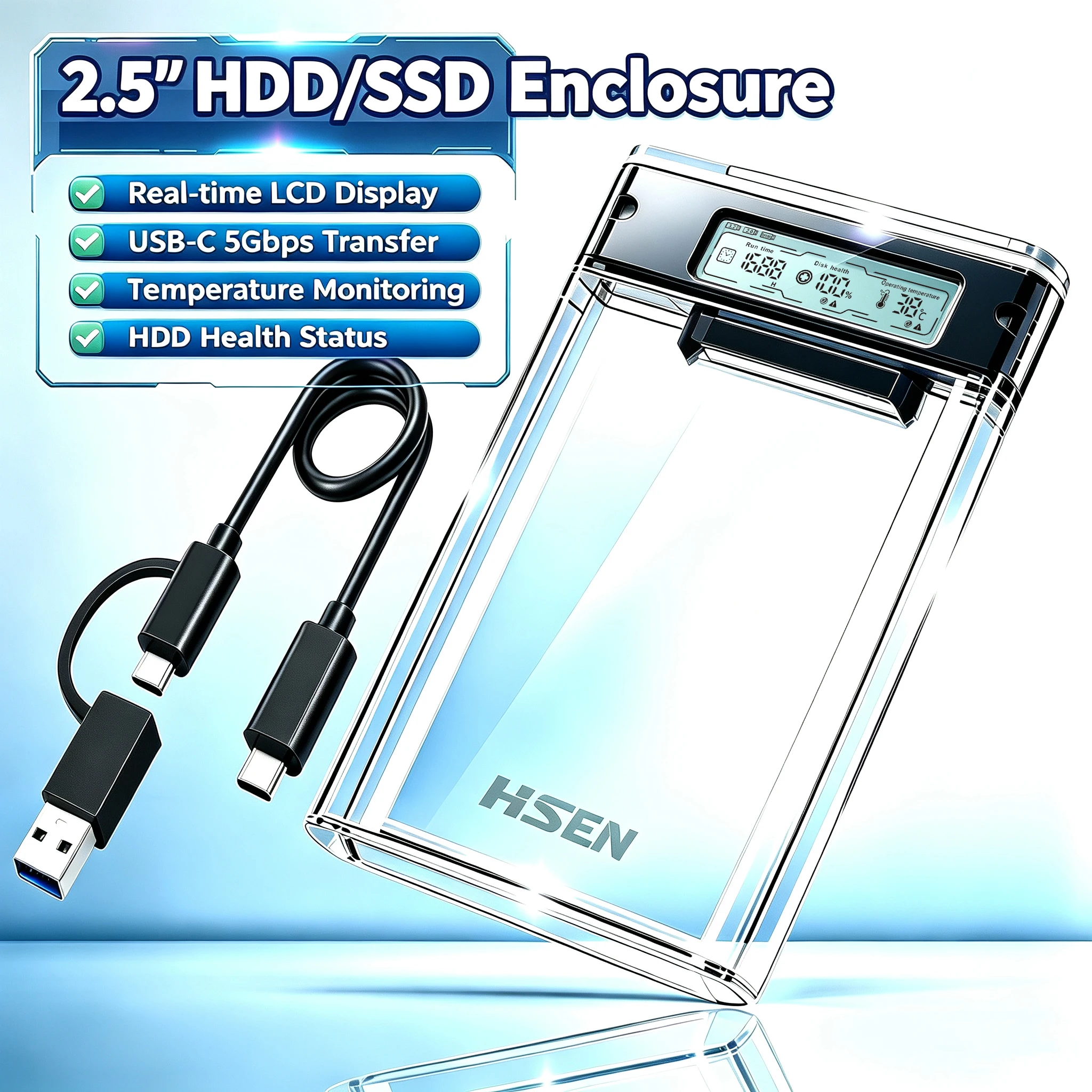 Gabinete para HDD/SSD SATA 2,5 polegadas USB 3.0, Caixa Transparente com Tela Inteligente, Monitoramento em Tempo Real da Saúde do Disco Rígido
