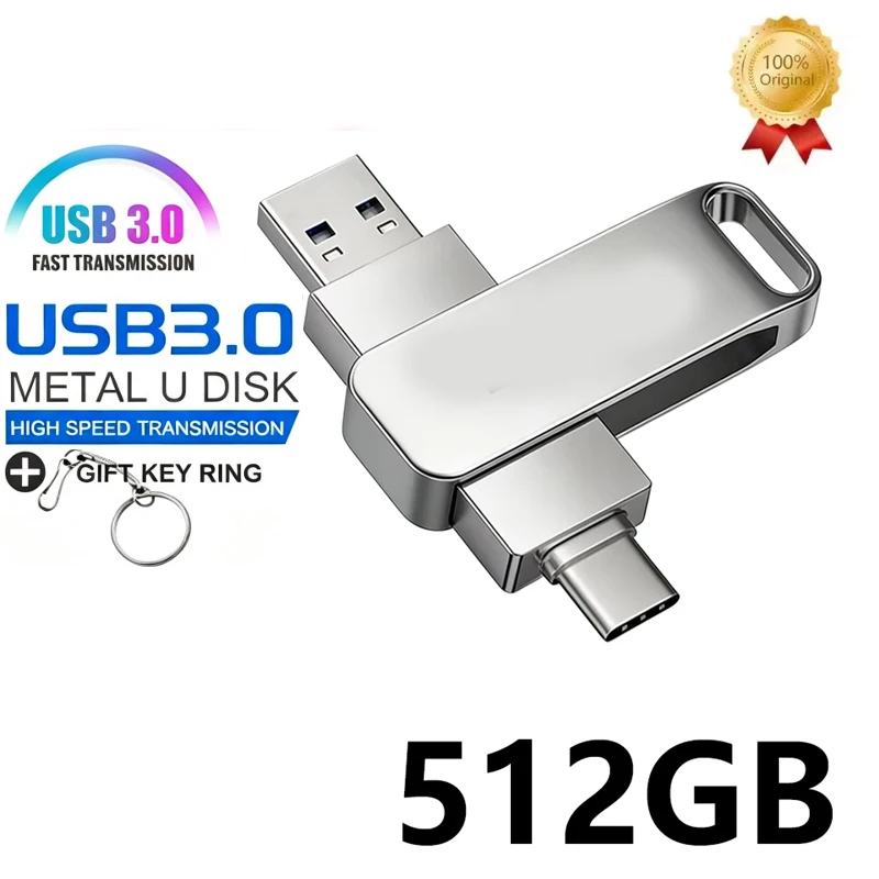NOVO Pen Drive USB 3.0 de Metal, Transferência de Alta Velocidade, Portátil, À Prova D'Água, 512GB, OTG, Para Telefone e Computador